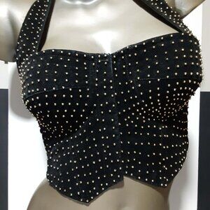 Bustier Halter Crop Tank Top Black w/ Gold Beads Womens Medium Halsey Vintage